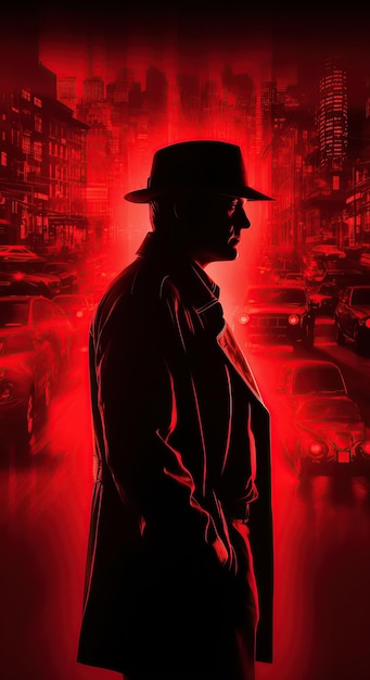 Spia detective uomo in cappello con doppia esposizione Copertina del libro del romanzo thriller di spionaggio Illustrazione dell'IA generativa