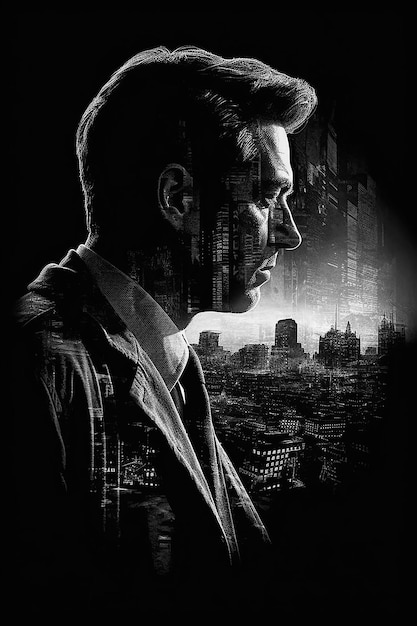 Spia detective uomo nella città notturna Copertina del libro del romanzo thriller criminale Illustrazione dell'IA generativa