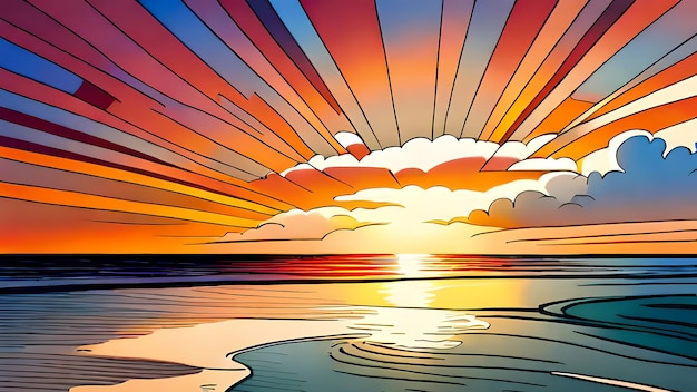 Spiaggia al tramonto Paesaggio marino in stile pop art Illustrazione generativa di AI