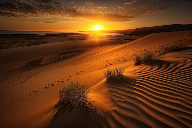 Spiaggia all'alba dune dorate e mare sereno generativo IA
