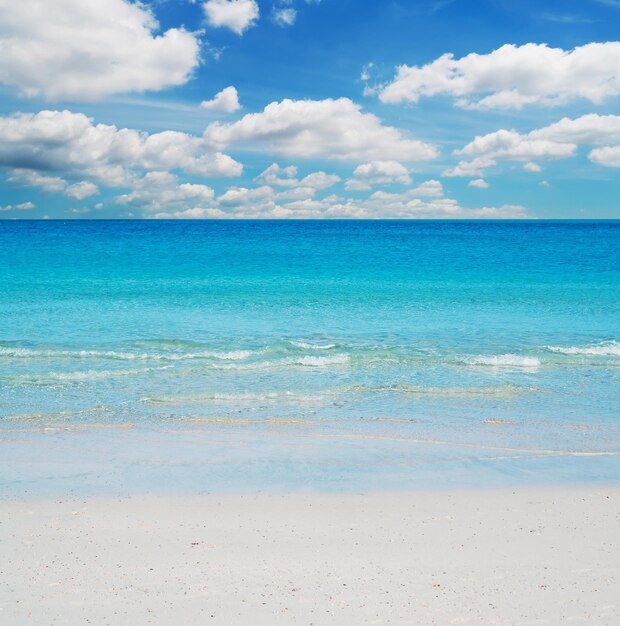 Spiaggia bianca e acqua blu in una giornata nuvolosa