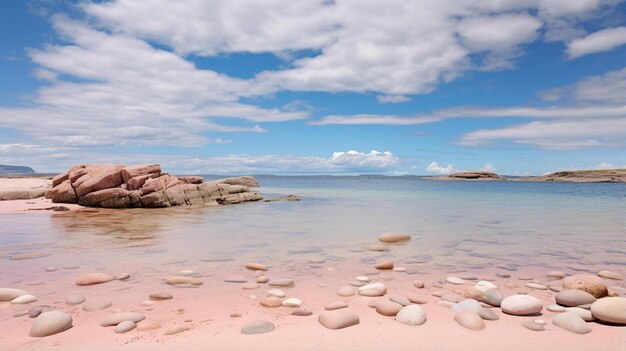 spiaggia cielo nuvoloso mare calmo grandi rocce sabbia arancione acqua limpida