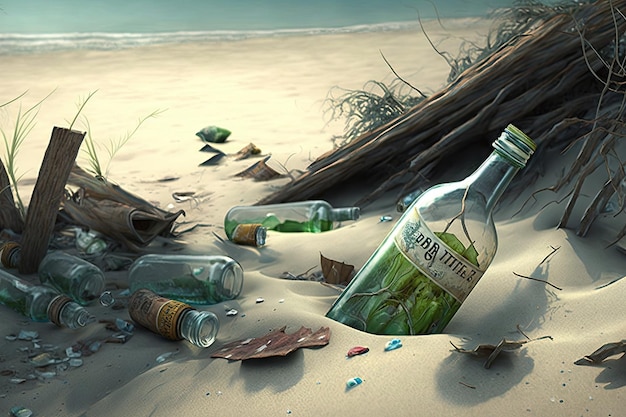 Spiaggia circondata da rifiuti e bottiglie rotte di sostanze pericolose