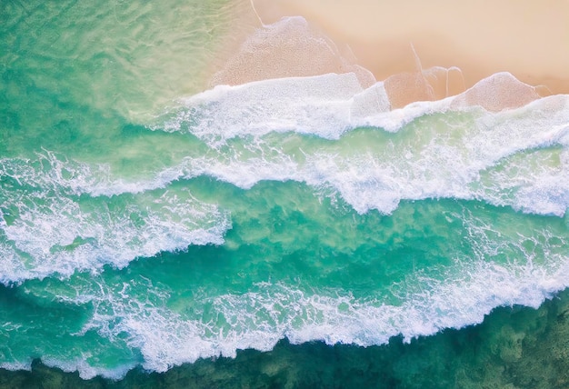 Spiaggia con acqua di mare turchese. Vista dall'alto della bellissima sabbia bianca.