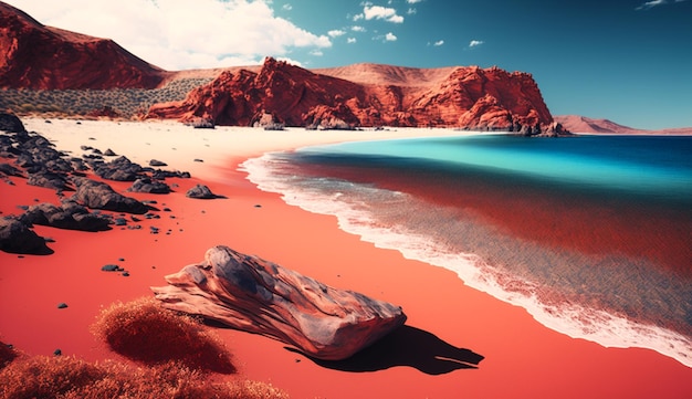 Spiaggia con acque di sabbia rossa che circondano bea pittura carta da parati immagine arte generata da Ai