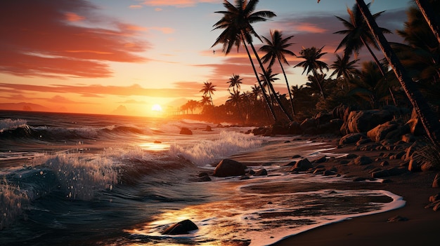 Spiaggia con albero di cocco al tramonto