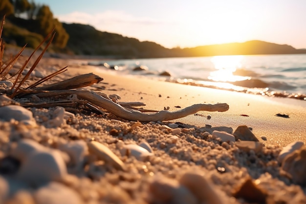 Spiaggia con conchiglie su di esso e il sole che tramonta sullo sfondo