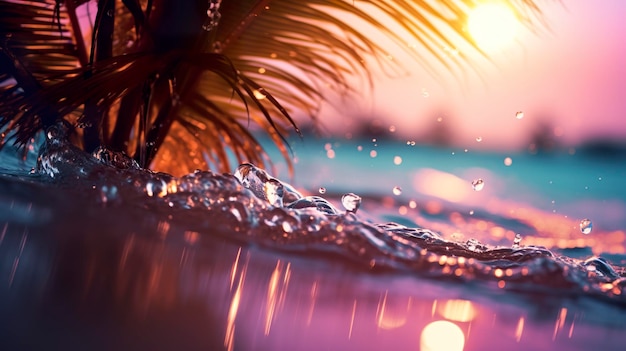 Spiaggia con onde e palme da cocco al tramonto