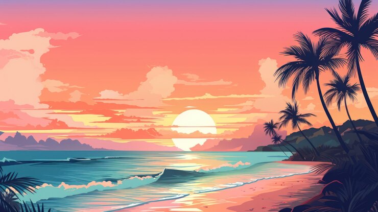 Foto spiaggia con paesaggio in stile risografico all'aperto al tramonto