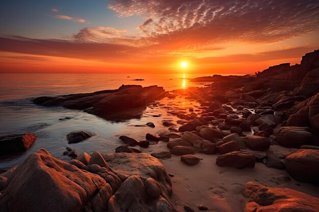 Spiaggia con rocce all'alba