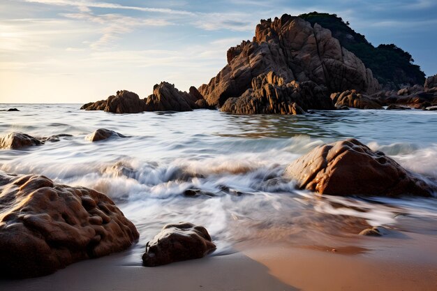 spiaggia con roccia al mattino con pace e calma onda del mare