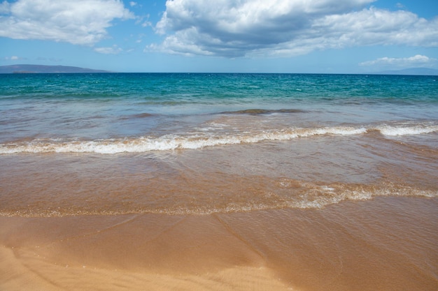 Spiaggia con sabbia dorata e acqua turchese dell'oceano Vista panoramica sul mare Sfondo naturale per le vacanze estive