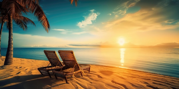 Spiaggia con sedie a sdraio al tramonto Modello estivo colorato Concetto di ricreazione IA generativa