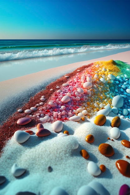 Spiaggia coperta di sabbia color arcobaleno accanto all'oceano generativo ai