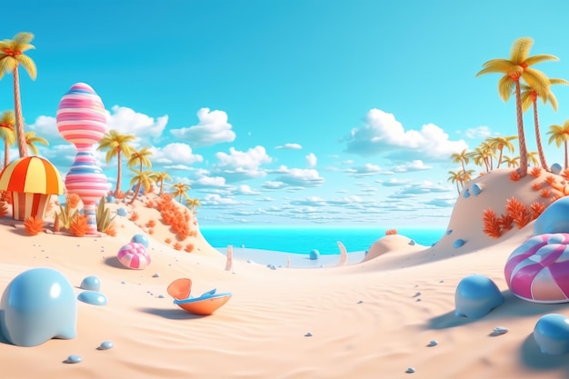 Spiaggia del fumetto con l'illustrazione di stile del cielo blu 3D