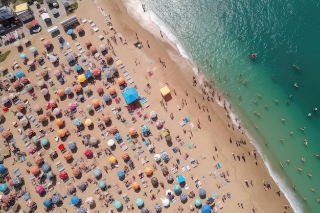 Spiaggia del mare con ombrelloni colorati e persone rilassanti vista dall'alto IA generativa