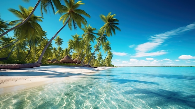 Spiaggia del mare con palme di sabbia bianca acqua blu e cielo AI generativa