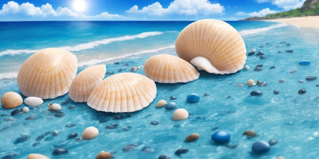 Spiaggia dell'oceano in una giornata di sole con diverse conchiglie e ciottoli di mare sdraiati nell'acqua Illustrazione del paesaggio marino con spiaggia di sabbia onde acqua turchese e cielo con nuvole bianche IA generativa