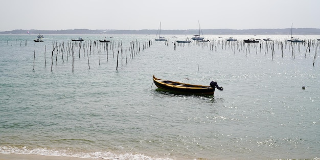 Spiaggia delle ostriche e barca da pesca nel bacino della baia di Arcachon nella giornata invernale di alba