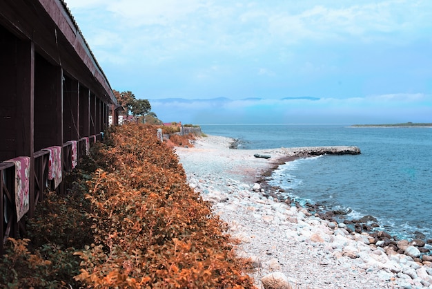 Spiaggia di ghiaia sulla riva del mare del Giappone