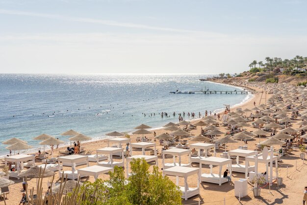 Spiaggia di lusso sullo sfondo della bellezza del mare con barriere coralline Bella spiaggia con sedie a sdraio ombrelloni di paglia e palme