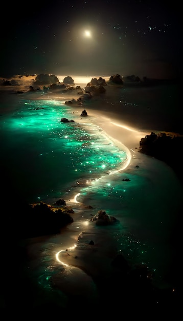 Spiaggia di notte con la luna piena nel cielo generativo ai