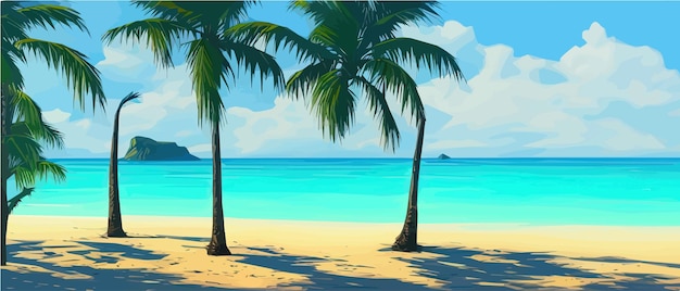Spiaggia di palme tropicali con illustrazione vettoriale di banner di mare di sabbia con spazio per la copia della pubblicità del buono