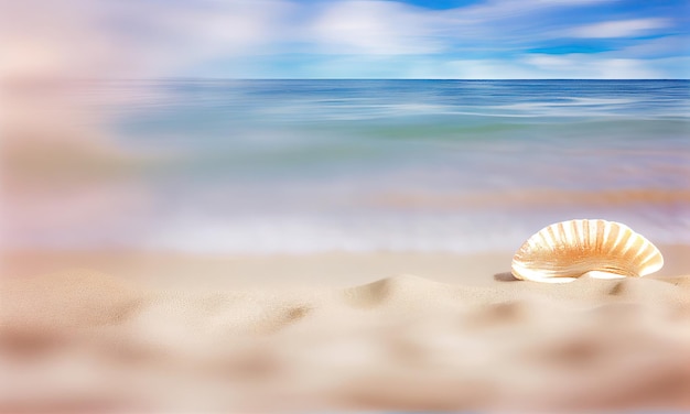 Spiaggia di sabbia con conchiglie offuscata spiaggia tropicale mare e cielo vacanze estive concetto di sfondo AI generativa