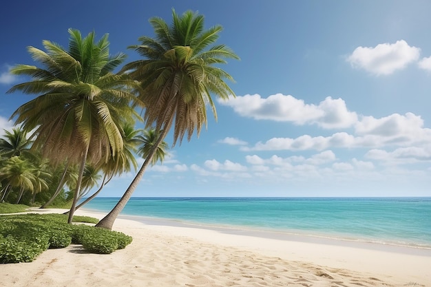Spiaggia di sabbia estiva con palme da cocco in una giornata limpida