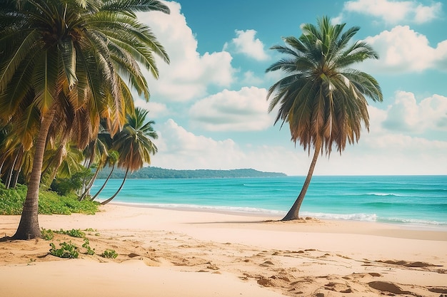 Spiaggia di sabbia estiva con palme da cocco in una giornata limpida