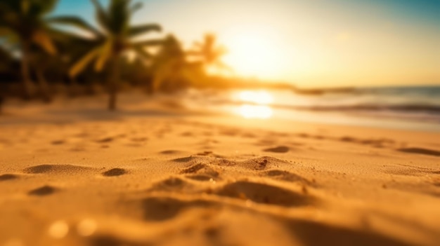 Spiaggia di sabbia estiva tropicale e luce del sole bokeh sullo sfondo del mare AI generativa
