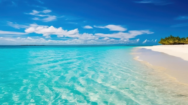 Spiaggia di sabbia estiva tropicale e luce del sole bokeh sullo sfondo del mare AI generativa