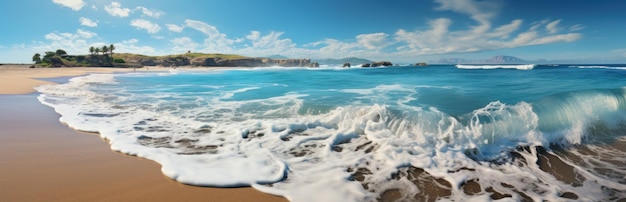 Spiaggia di sabbia estiva tropicale e luce del sole bokeh sullo sfondo del mare AI generativa