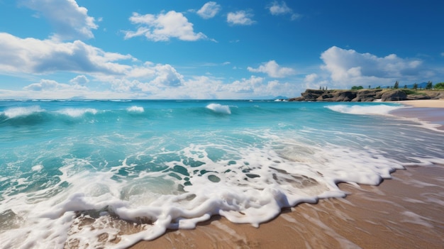 Spiaggia di sabbia estiva tropicale e luce del sole bokeh sullo sfondo del mare AI generativa