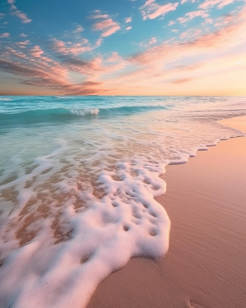 Spiaggia di sabbia estiva tropicale e luce del sole bokeh sullo sfondo del mare AI generativa