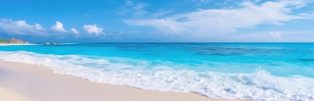 Spiaggia di sabbia estiva tropicale e luce del sole bokeh sullo sfondo del mare AI generativa