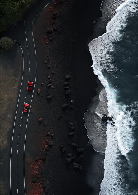 Spiaggia di sabbia nera con strada e macchina rossa sullo sfondo delle vacanze di viaggio Generative Ai