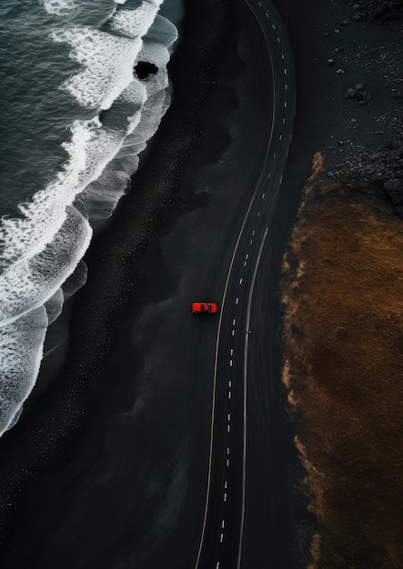 Spiaggia di sabbia nera con strada e macchina rossa sullo sfondo delle vacanze di viaggio Generative Ai