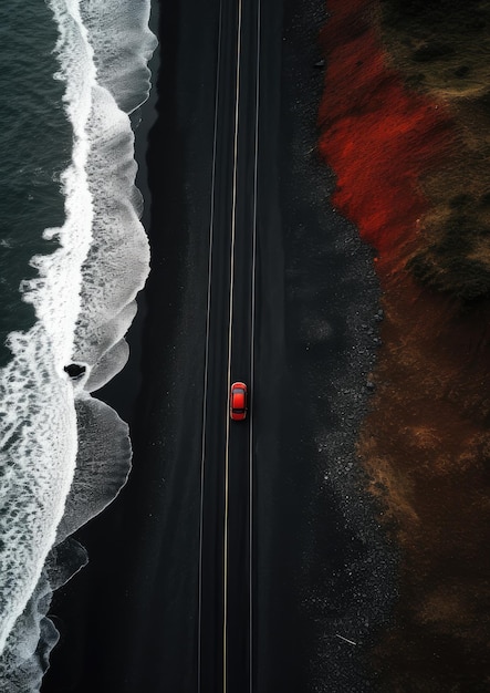 Spiaggia di sabbia nera con strada e macchina rossa sullo sfondo delle vacanze di viaggio Generative Ai