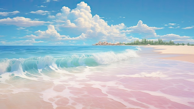 spiaggia di sabbia rosa pura con acqua limpida cielo blu onde e conchiglie carta da parati