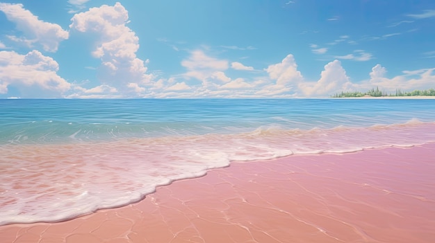 spiaggia di sabbia rosa pura con acqua limpida cielo blu onde e conchiglie carta da parati