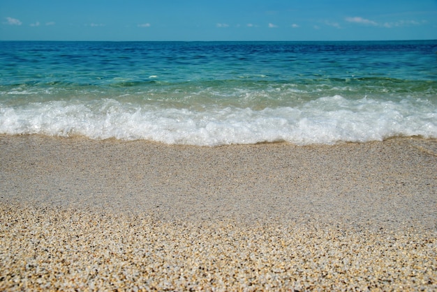 Spiaggia di sabbia tropicale con onde del mare e pietre.