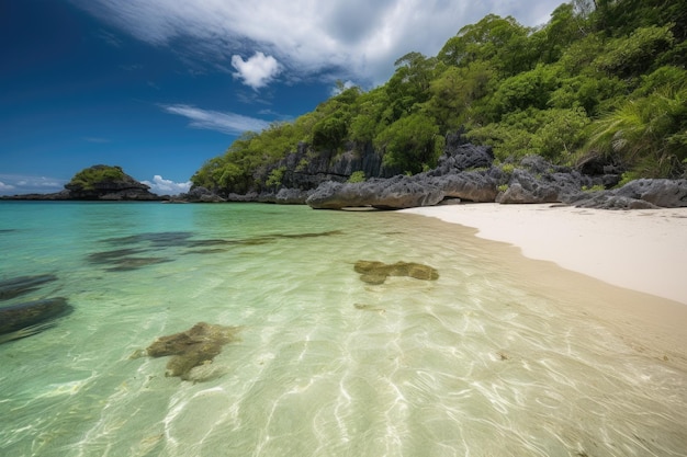 Spiaggia di un'isola remota con acqua cristallina e sabbia bianca creata con l'IA generativa