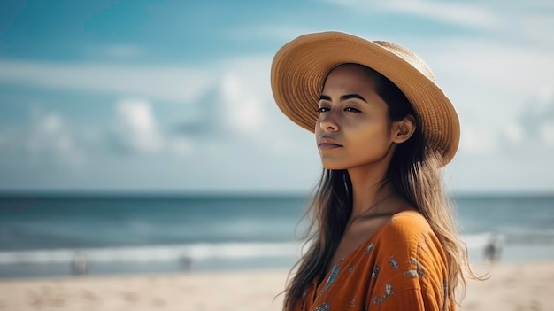 Spiaggia e mare uno sfondo perfetto per una ragazza con un cappello generato dall'intelligenza artificiale