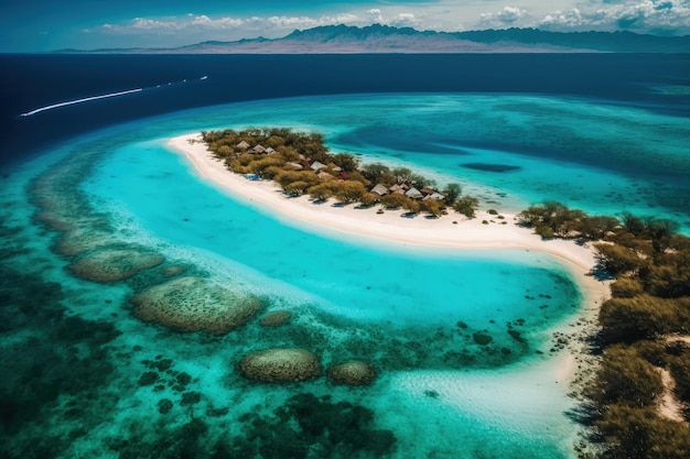 Spiaggia e oceano in lontananza visti dall'alto l'acqua azzurra fa da sfondo veduta aerea del mare in estate Isola indonesiana di Gili Meno immagine di viaggio