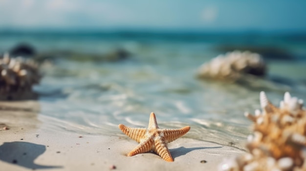 Spiaggia estiva al mare con corallo di conchiglie di stelle marine sulla sabbia ai generativa