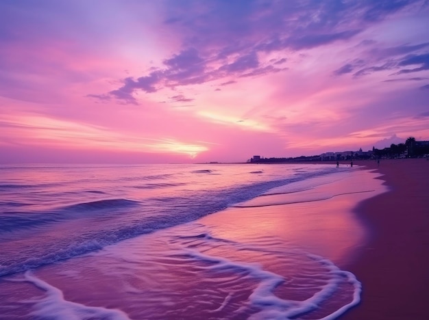 Spiaggia estiva con acqua blu e cielo viola al tramonto