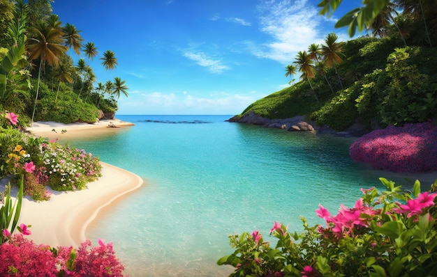 spiaggia giardino tropicale con acqua e fiori