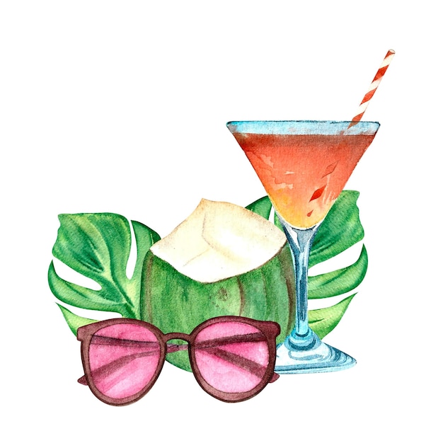Spiaggia illustrazione occhiali cocco cocktail foglie tropicali acquerello isolato sfondo bianco