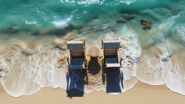 Spiaggia in riva al mare con onde e lettini con ombrelloni Vacanza AI generata